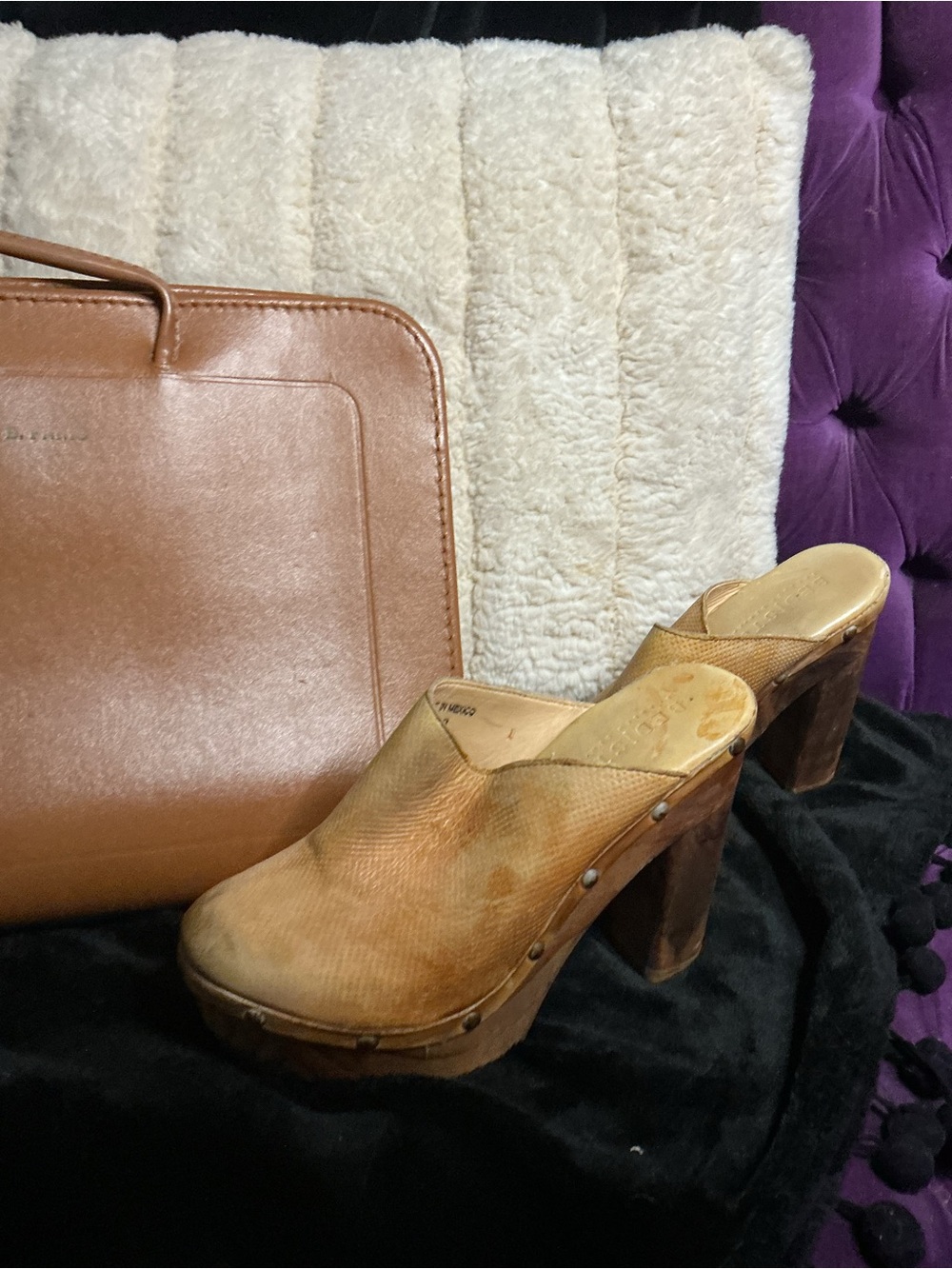 BED|STU Tan Leather Platform Clog Mules